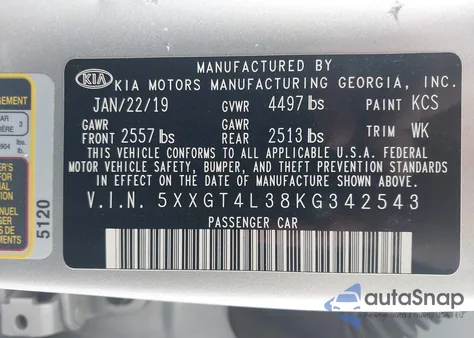 2019 Kia Optima Lx from USA, damaged, VIN 5XXGT4L38KG342543